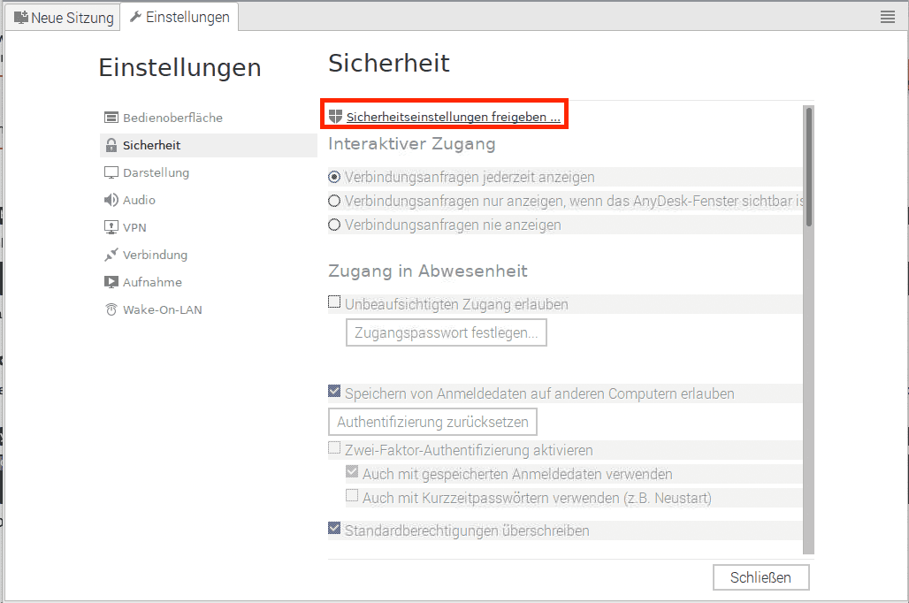 Sicherheitseinstellungen freigeben